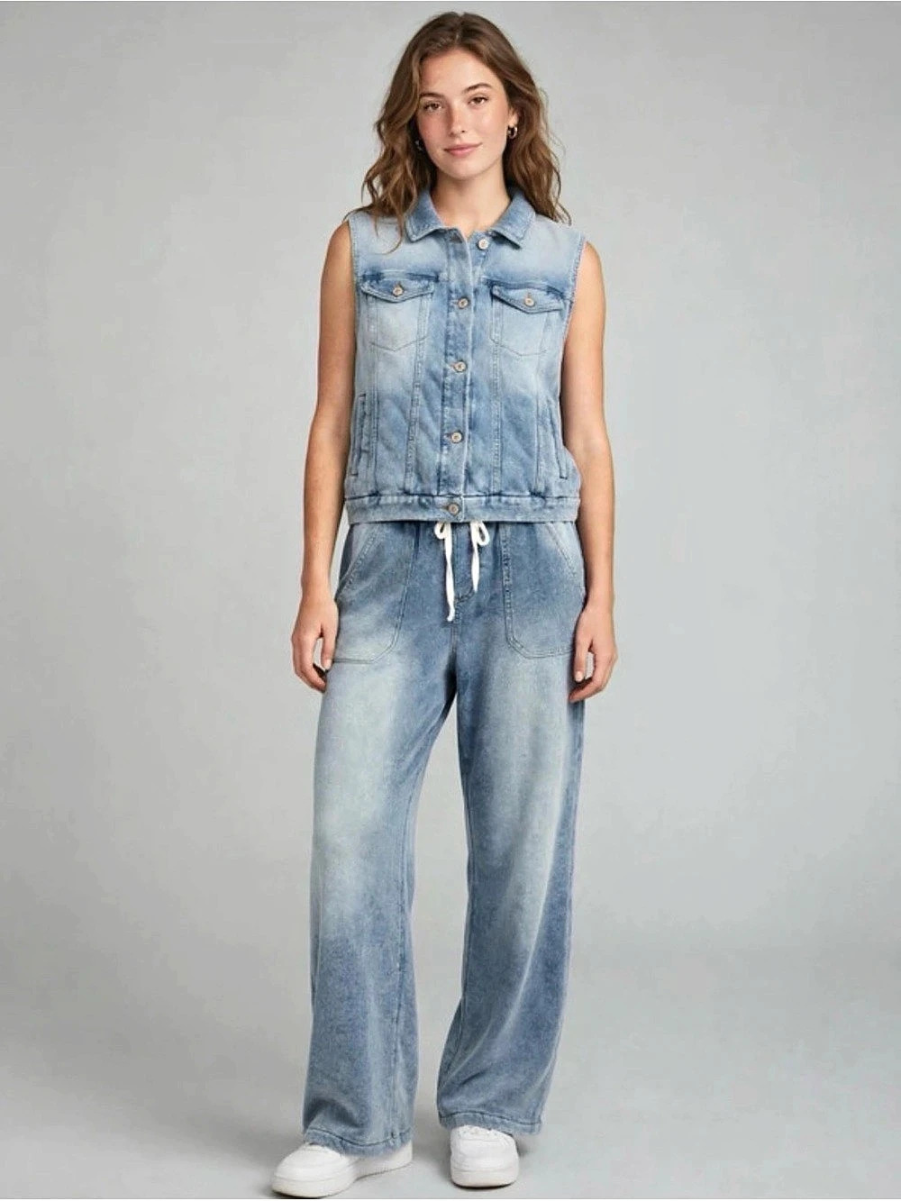 Natural Reflections Denim Vest & Wide-Leg Pants Set in Blue